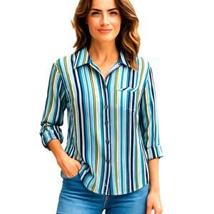 Alison Daily 10 Blue Stripe Button Up Women's Top Shirt Blouse Miss Medium M